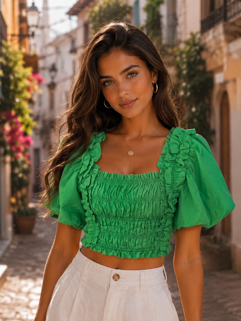 🟣Endless Rose Bright Green Smocked Ruffle Crop Top - Picture 11 of 11